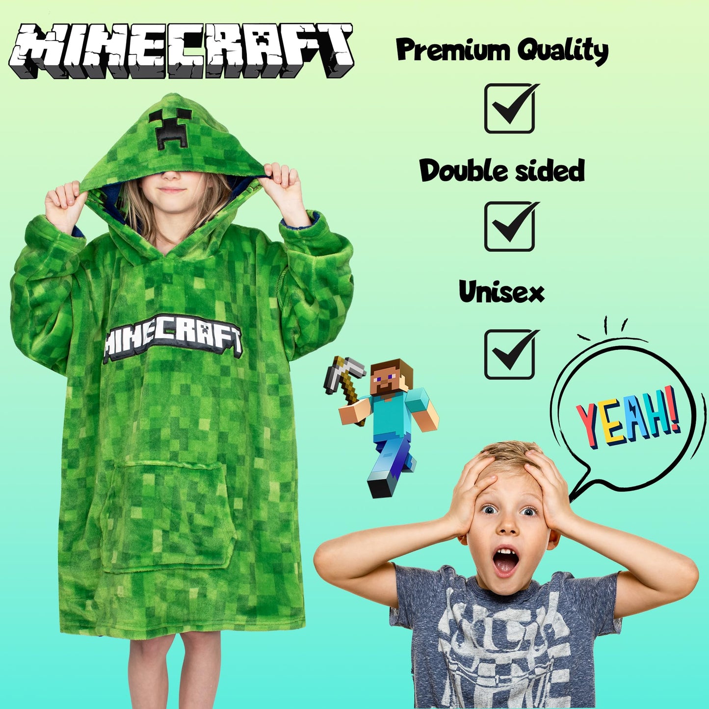 Minecraft Oversized Hoodie Blanket for Kids Teens Reversible Super Soft Fleece Warm Boys Hoodie One Size Gift for Boys