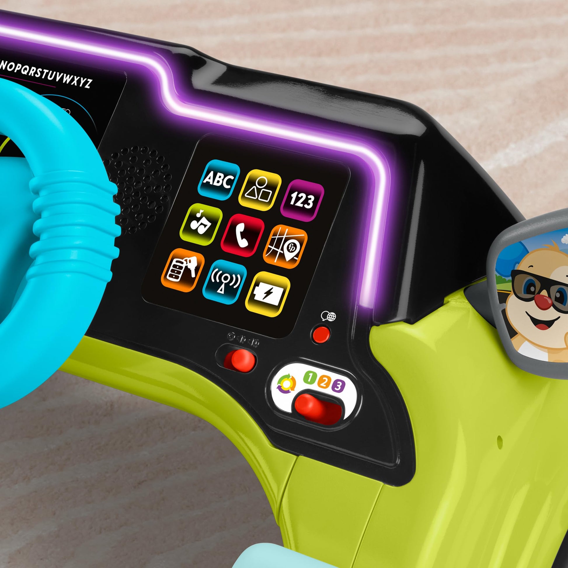Fisher-Price Laugh & Learn Sit & Steer Driver Car activity center with colorful buttons and interactive steering wheel for babies 6+ months.