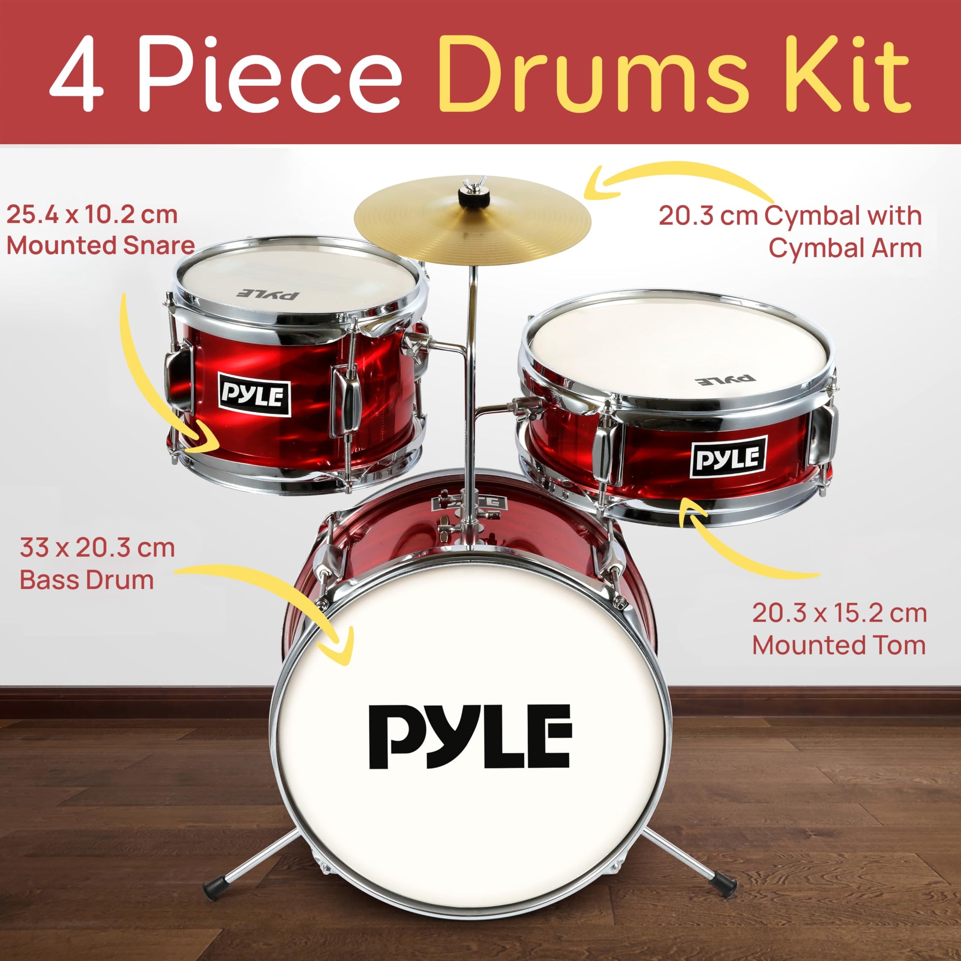Pyle kids drum kit with wooden shells, bass pedal, snare, tom, cymbal, adjustable seat, and lightweight drumsticks for children aged 5-7.