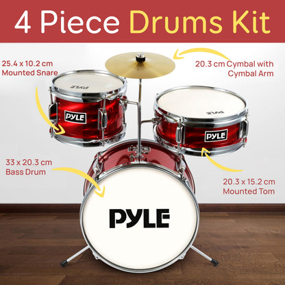 Pyle kids drum kit with wooden shells, bass pedal, snare, tom, cymbal, adjustable seat, and lightweight drumsticks for children aged 5-7.