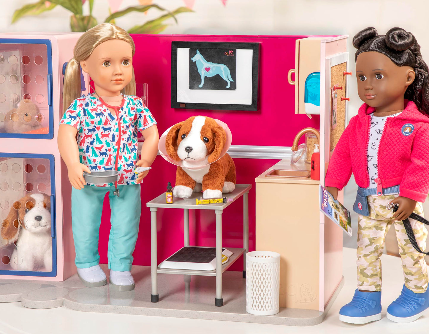 Our Generation Healthy Paws Vet Clinic playset for 18-inch dolls featuring a pink veterinary clinic and accessories.
