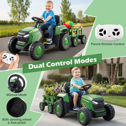 Maxmass Kids Ride on Tractor and Trailer, 12V Battery Powered Electric Construction Toy Car with Remote Control, USB, LED Headlights, Horn, Children Ride on Bulldozer for 3-8 Years Old (Dark Green)