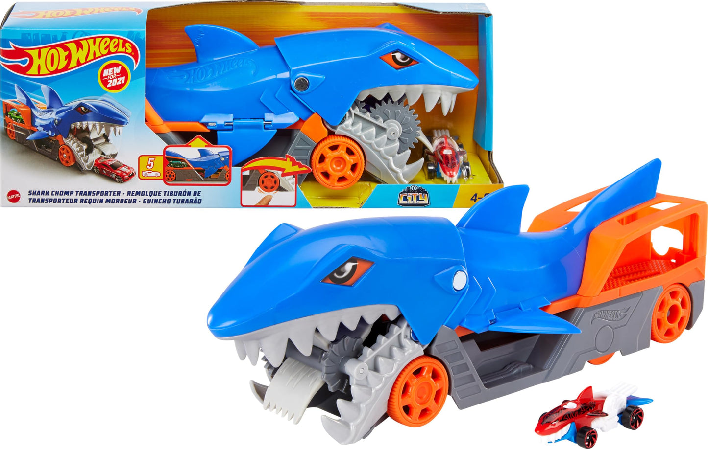 Hot Wheels Shark Chomp Transporter Playset with diecast car, featuring a shark design and vibrant colors.
