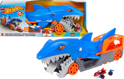 Hot Wheels Shark Chomp Transporter Playset with diecast car, featuring a shark design and vibrant colors.