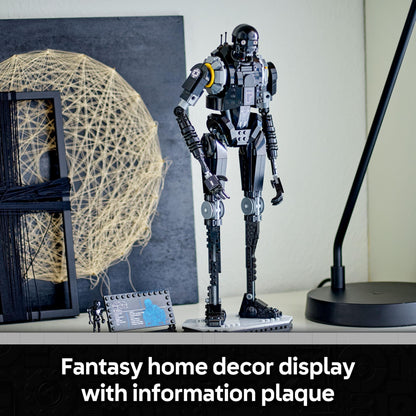LEGO Star Wars 75434 K-2SO Security Droid figure in a dynamic pose with an information plaque for display.