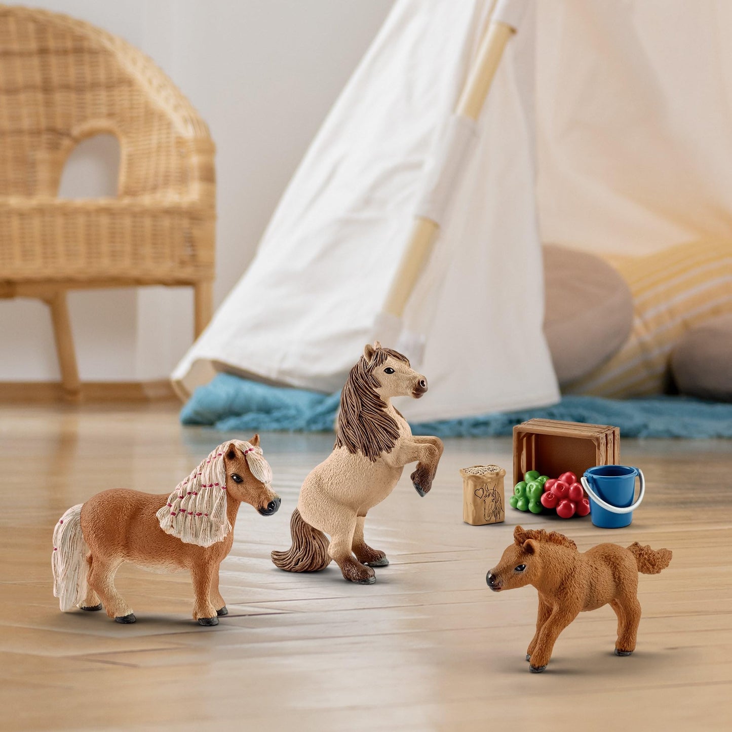 SCHLEICH HORSE CLUB - 8 PC Miniature Shetland Pony Family Playset with 3 Horses and Accessories - Collectable Farm Animal Figurines - Realistic Mini Horse Toys for Girls and Boys - Kids Ages 5+