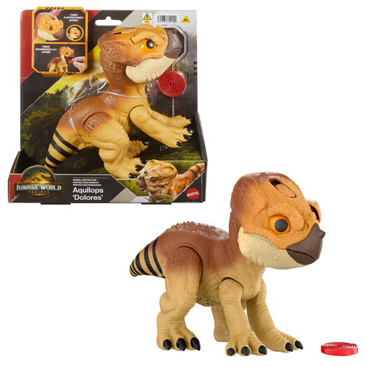 Mattel Jurassic World Rebirth Primal Protector Aquilops Dolores Interactive Dinosaur Toy with Attack Action & Sounds, Pet-Style Electronic Figure with Food Accessory, JGC01