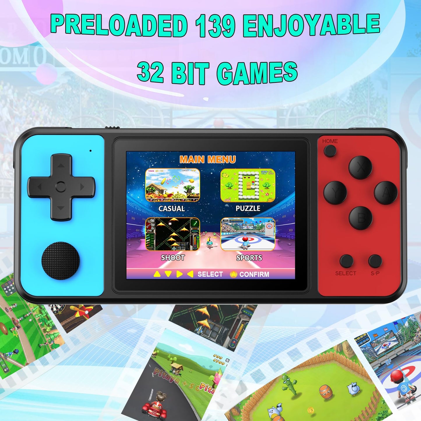ZHISHAN 32-bit handheld gaming device for kids with 3.0-inch IPS screen and built-in 139 video games, rechargeable portable arcade toy