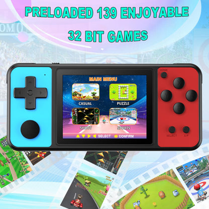 ZHISHAN 32-bit handheld gaming device for kids with 3.0-inch IPS screen and built-in 139 video games, rechargeable portable arcade toy