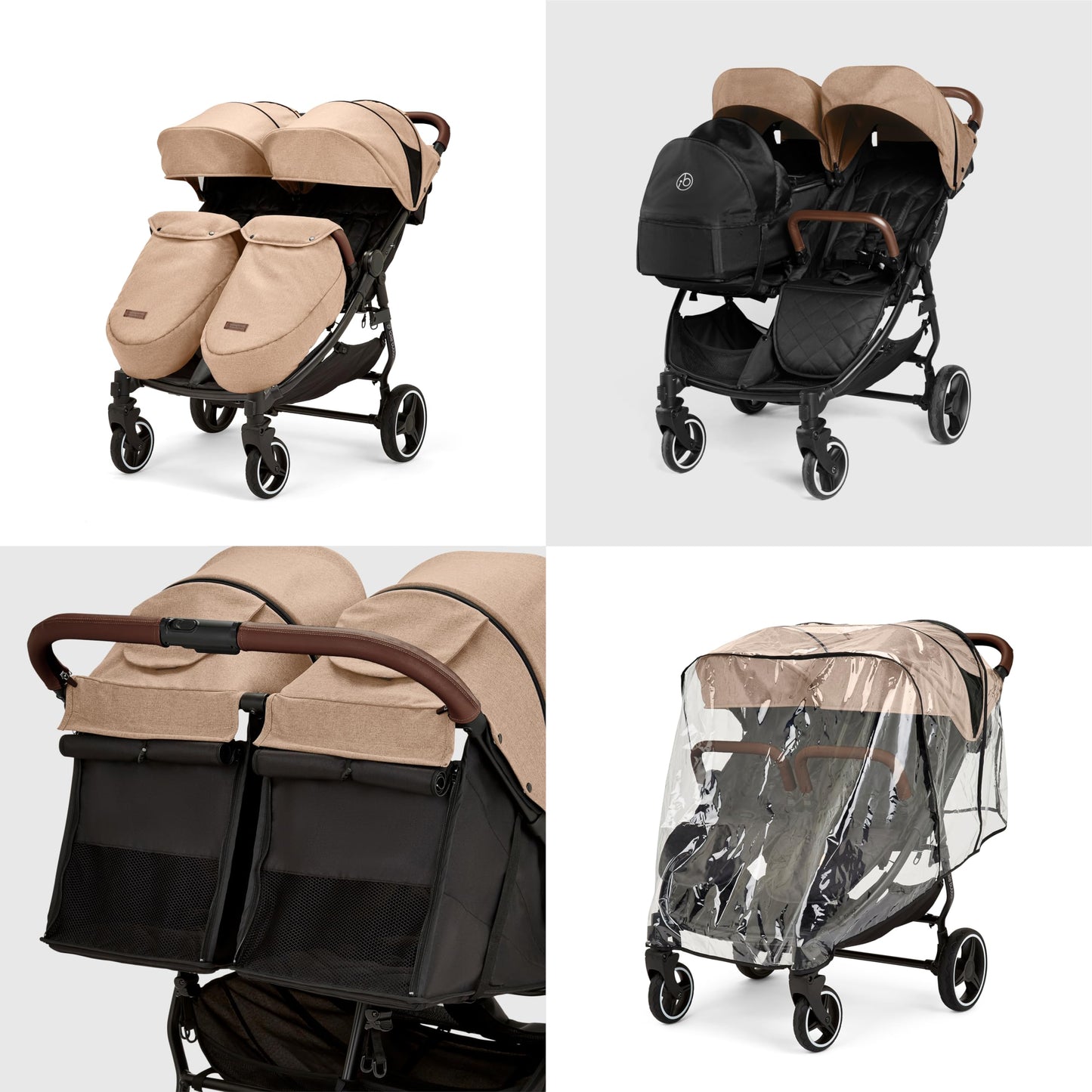 Ickle Bubba Venus Double Prime Stroller – Compact, Lightweight Foldable Twin Pushchair for Twins or Siblings, Suitable from Birth to 15kg (Approx. 3 Years) (Biscuit)