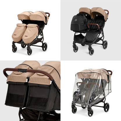 Ickle Bubba Venus Double Prime Stroller – Compact, Lightweight Foldable Twin Pushchair for Twins or Siblings, Suitable from Birth to 15kg (Approx. 3 Years) (Biscuit)