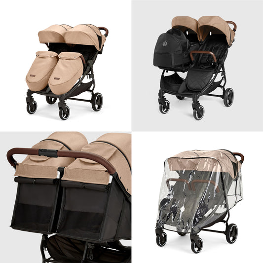 Ickle Bubba Venus Double Prime Stroller – Compact, Lightweight Foldable Twin Pushchair for Twins or Siblings, Suitable from Birth to 15kg (Approx. 3 Years) (Biscuit)