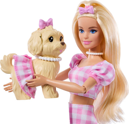 Barbie Twinning Looks Doll in pink gingham outfit with matching pet dog, sunglasses, necklaces, and bows.