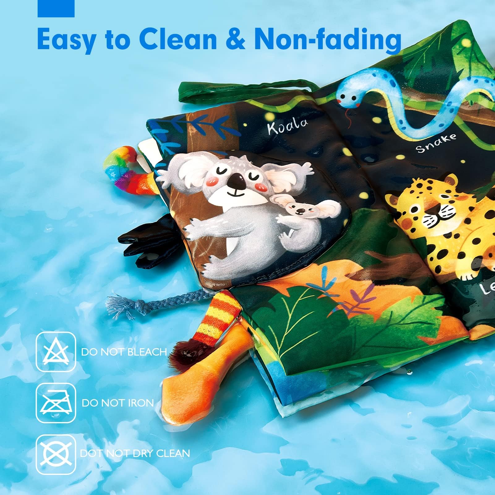 Soft jungle-themed sensory baby book by hahaland, featuring touch and feel textures and crinkle paper for infants.