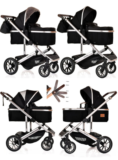 3 in 1 Baby Pram Travel System with Car Seat Lightweight Buggy Foldable Pushchair for Newborn and Toddlers up to 22kg New 2025 Style (Black - Silver)
