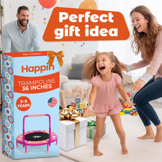 Happin 36" Mini Foldable Toddler Trampoline, Indoor Trampoline Kids with Height-Adjustable Handle, Noise-Free. Indoor & Outdoor with Super Safety Pad & Durable Steel Frame.