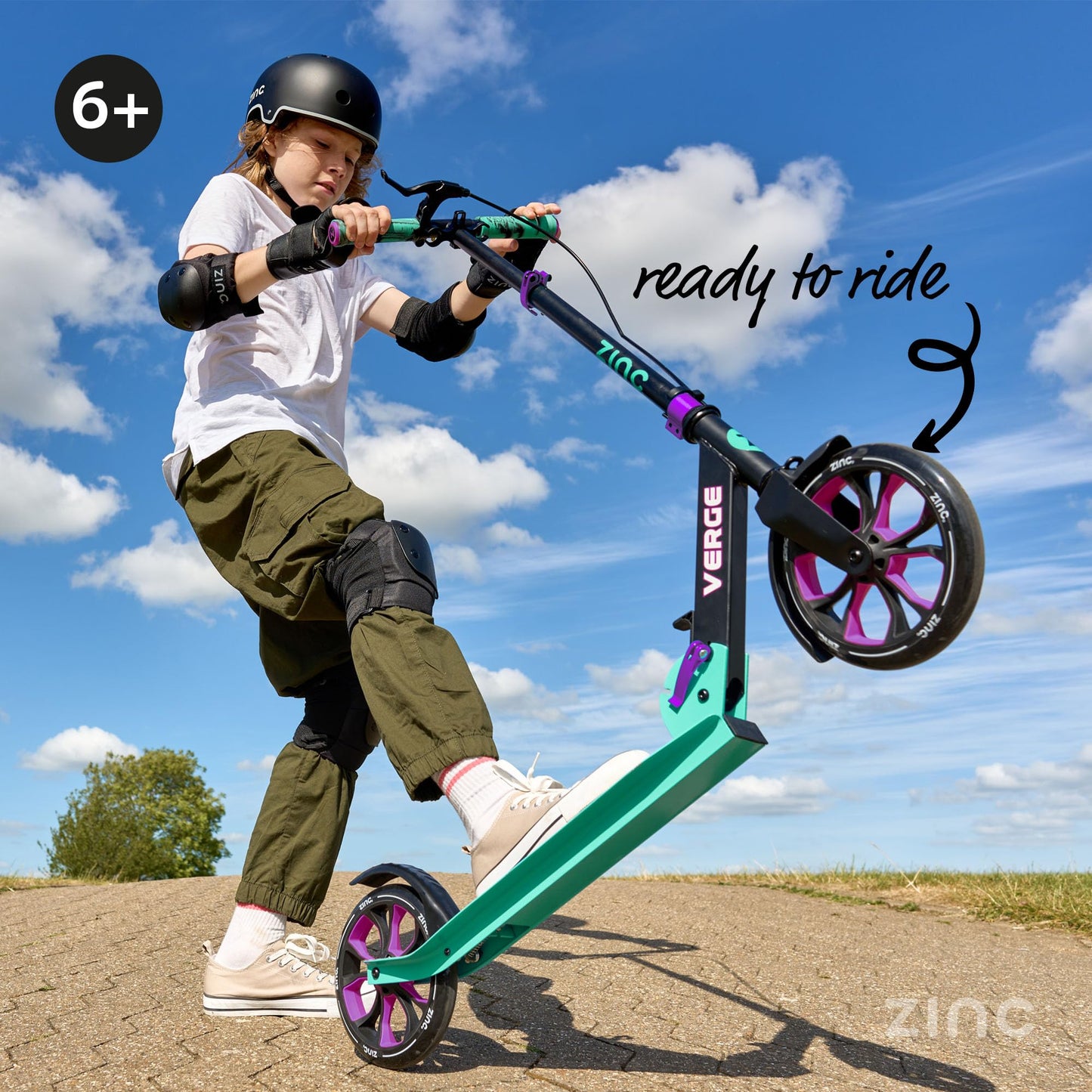 Zinc Verge Pro Kids Scooter – Big Wheel Kick Scooter for Ages 6+, Foldable 2-Wheel Scooter with 200mm Wheels, Lightweight, Height Adjustable, Rear Footbrake, Supports up to 100kg, Black & Green