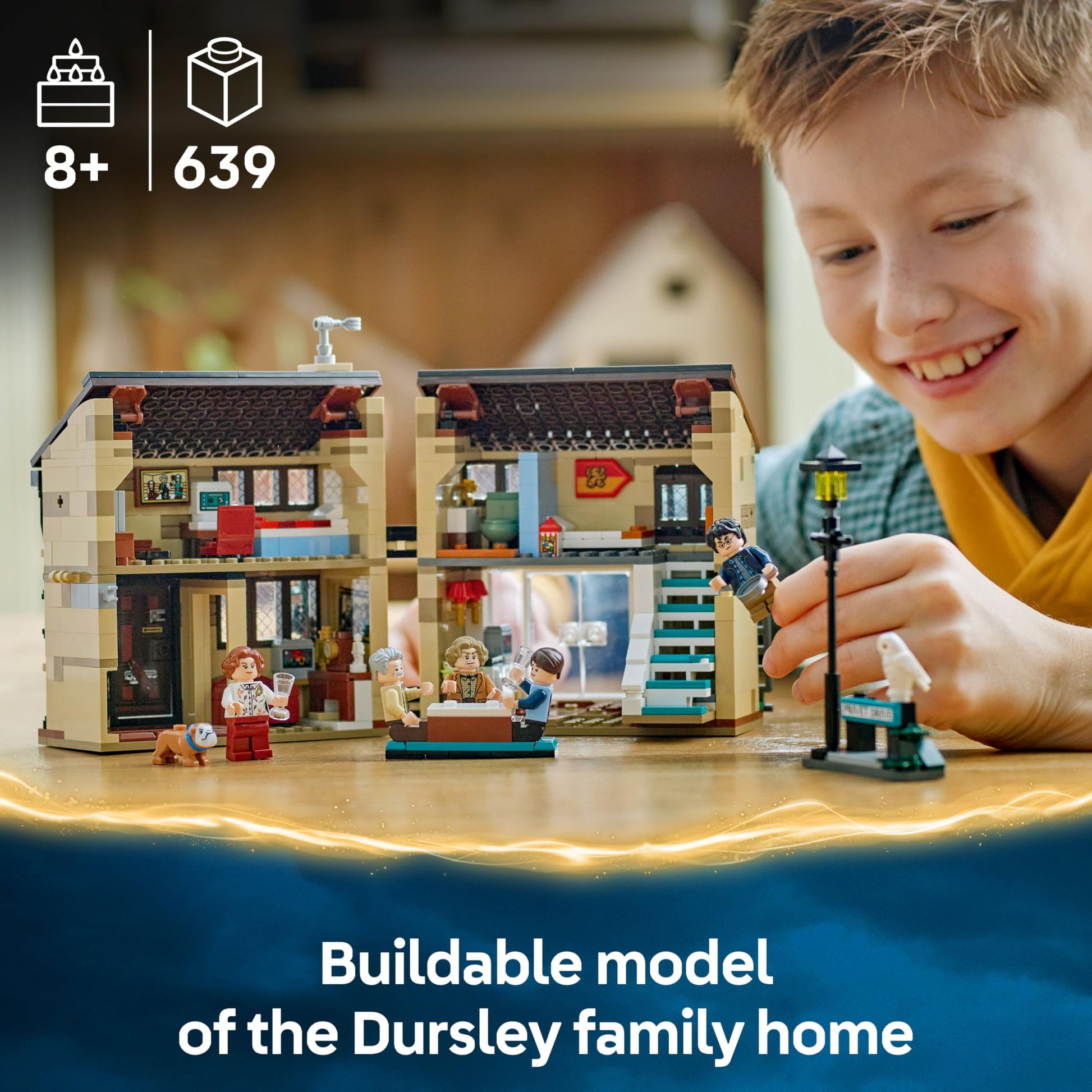 LEGO Harry Potter Privet Drive set with detailed interior, Aunt Marge's inflated figure, and five minifigures.
