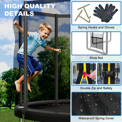 Devoko 10ft kids trampoline with safety net and reinforced steel frame, ideal for children aged 6-12, waterproof and easy to set up.