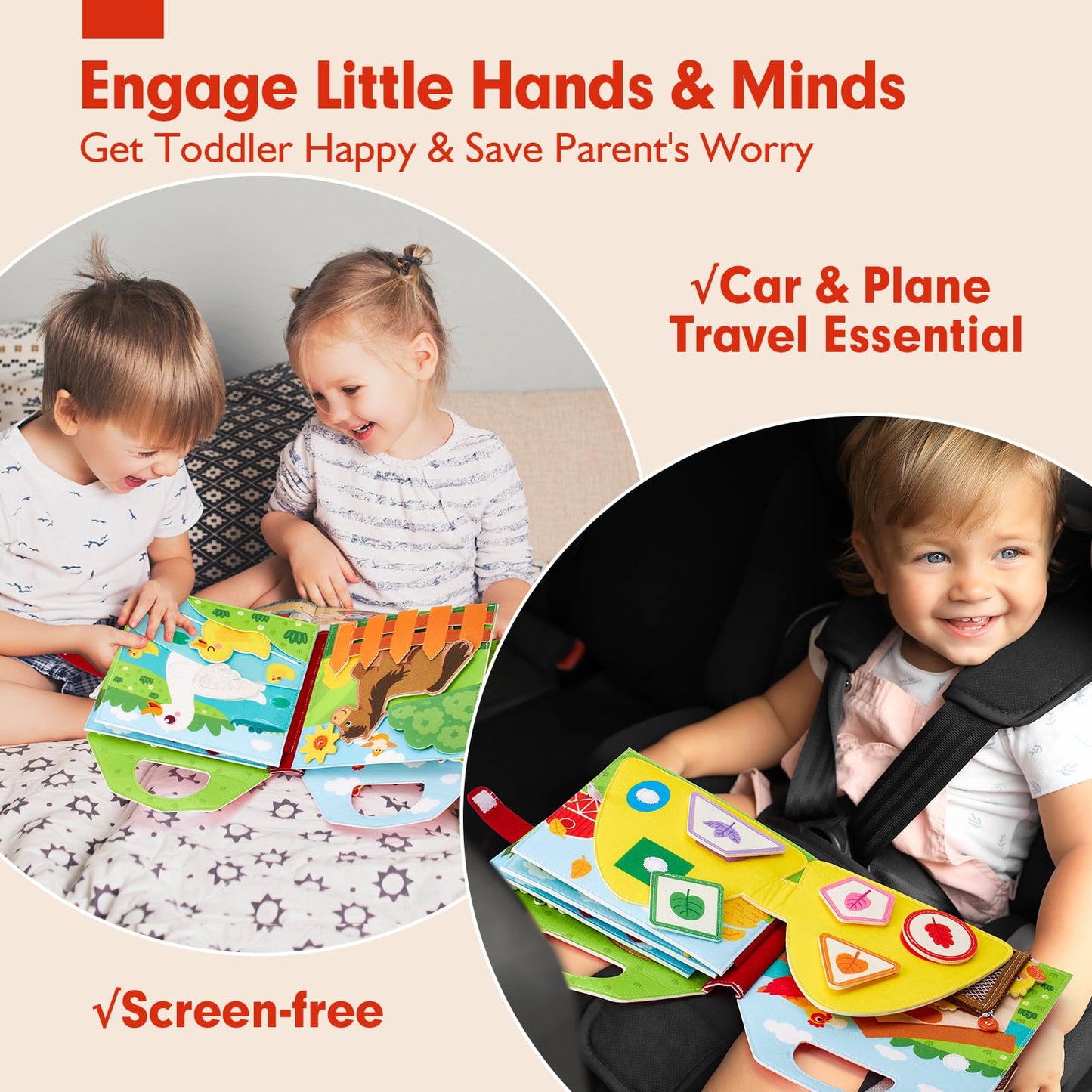 hahaland Montessori Busy Book for 1+ Year Old – 15-in-1 Interactive Sensory Busy Board, Educational Felt Toddler Quiet Toy & Travel Activity, Farm-Themed Baby Toy for 18M+ Girls Boys Airplane