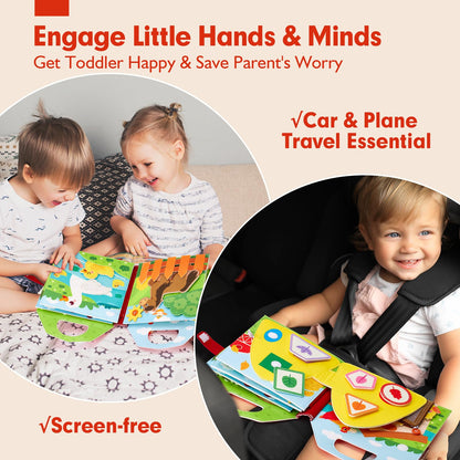 hahaland Montessori Busy Book for 1+ Year Old – 15-in-1 Interactive Sensory Busy Board, Educational Felt Toddler Quiet Toy & Travel Activity, Farm-Themed Baby Toy for 18M+ Girls Boys Airplane