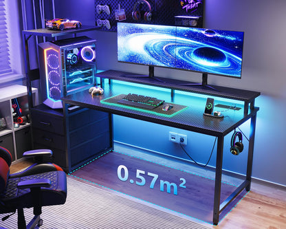 Coleshome gaming desk in black with LED lights, power outlet, drawers, monitor stand, and carbon fiber finish.