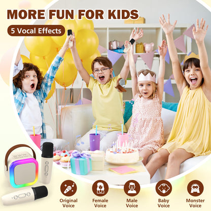 Koolcover mini karaoke machine for kids and adults with portable design, Bluetooth speaker, and two wireless microphones in beige.