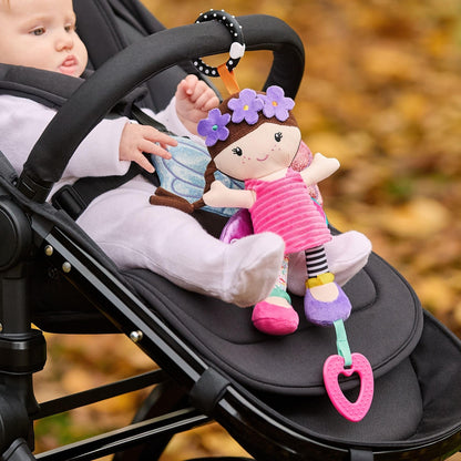Colorful Nuby Things with Wings fairy baby pram toy with mirror, teething features, and universal clip for sensory play.