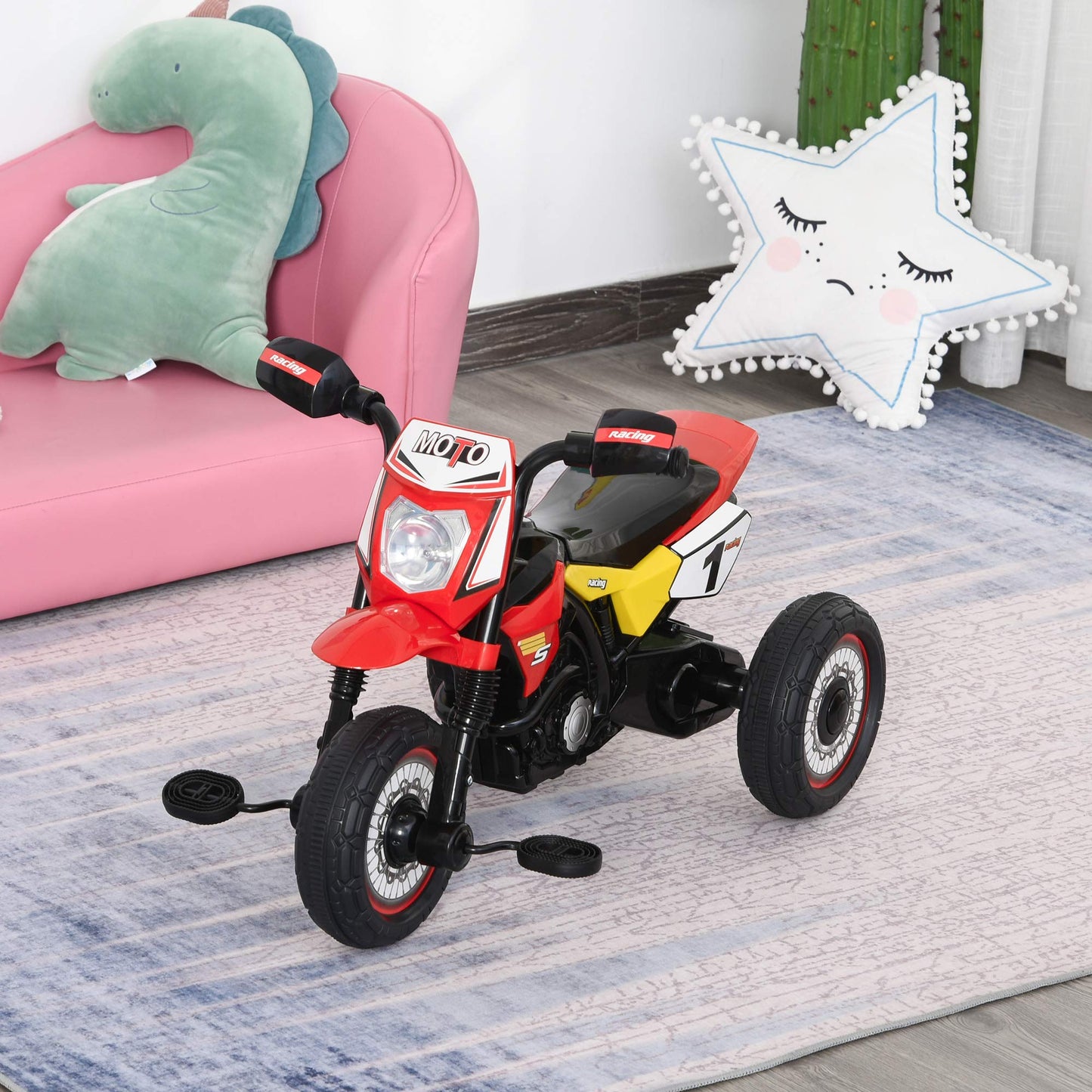 HOMCOM red toddler pedal tricycle with music lights, stickers, and handlebar, designed for kids 18-36 months.