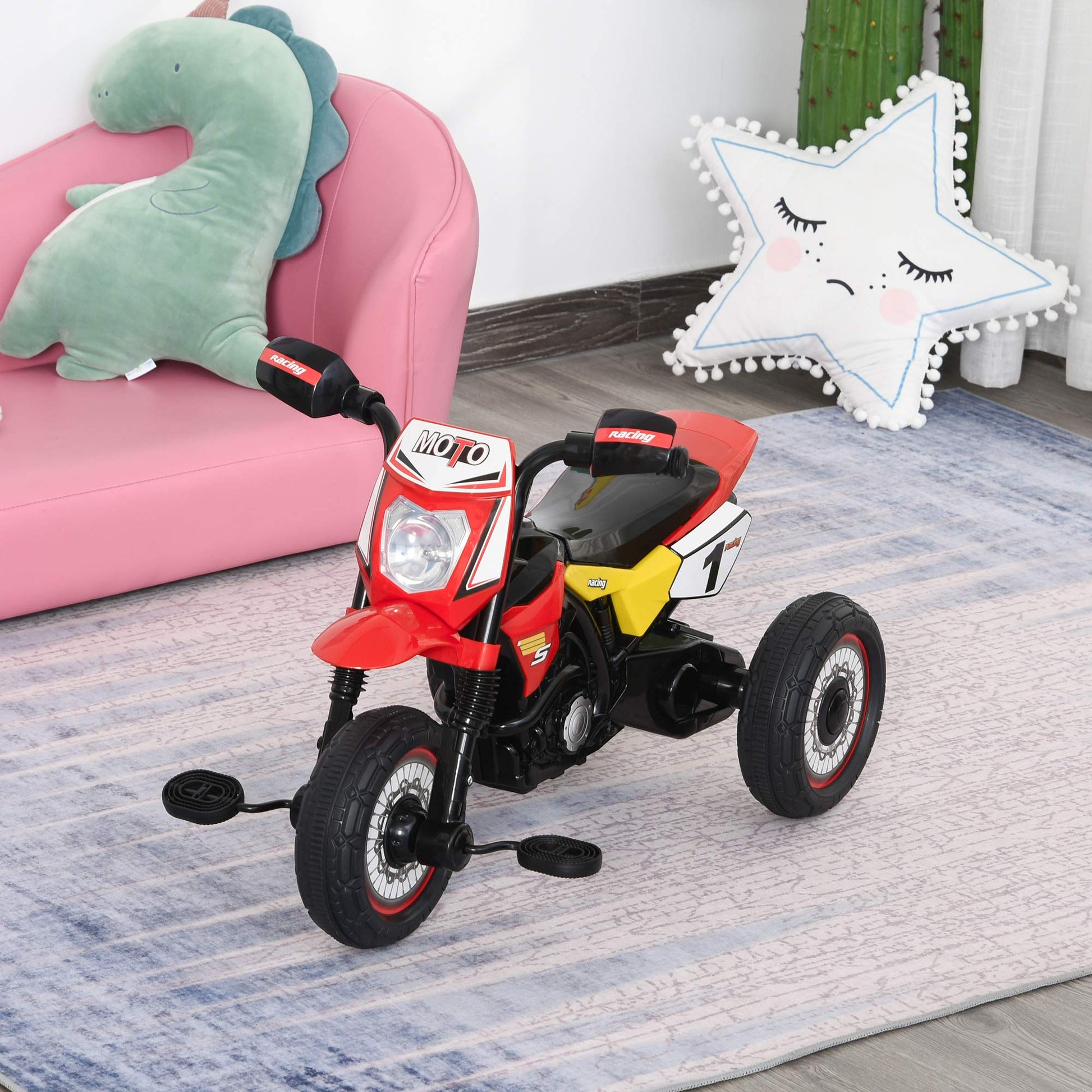 HOMCOM red toddler pedal tricycle with music lights, stickers, and handlebar, designed for kids 18-36 months.