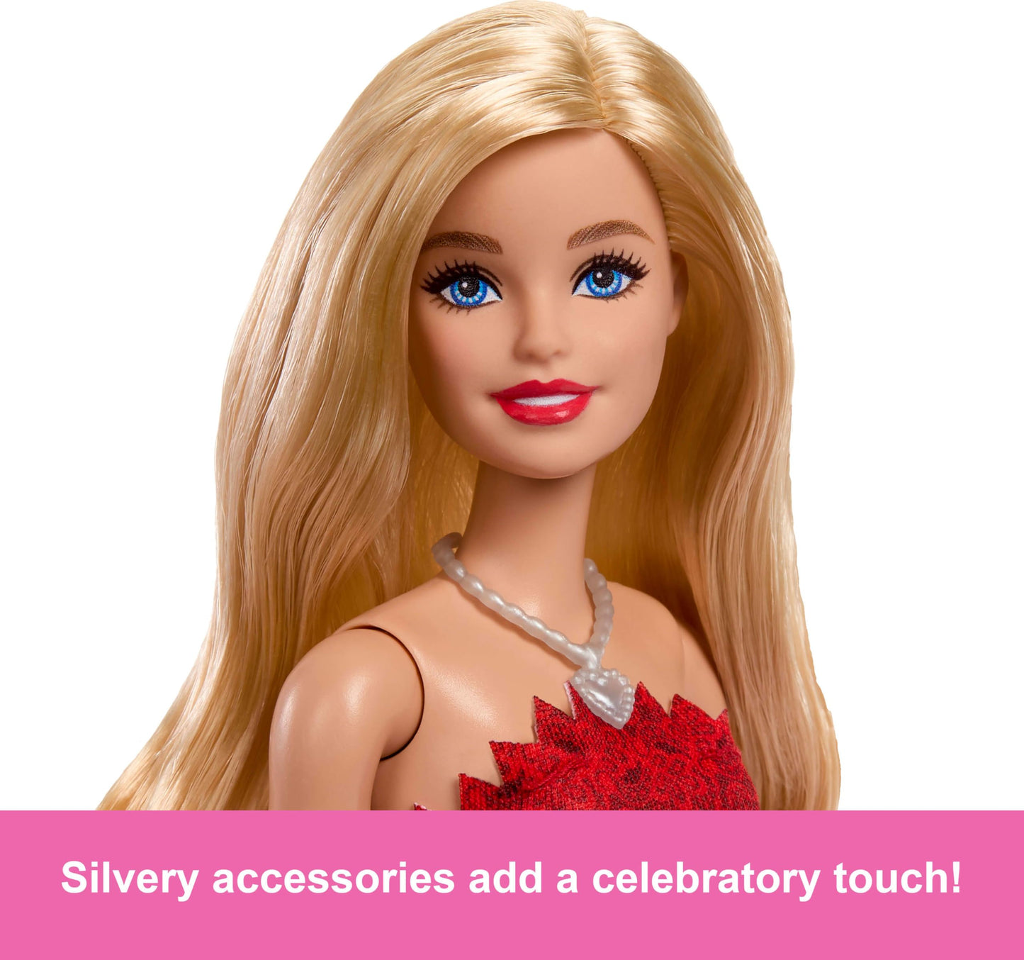 Barbie 80th Anniversary collectible doll in a red dress with silvery shoes and necklace, showcasing blonde hair.
