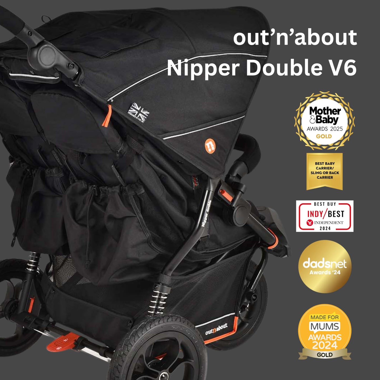 Out’n’About Nipper Double V6 Pushchair | Lightweight All-Terrain Twin Buggy with Raincover, 12” Air-Filled Wheels & Compact Fold | Side-by-Side Double Stroller for Newborn to Toddler - Summit Black