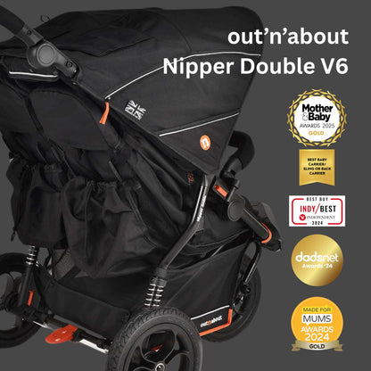 Out’n’About Nipper Double V6 Pushchair | Lightweight All-Terrain Twin Buggy with Raincover, 12” Air-Filled Wheels & Compact Fold | Side-by-Side Double Stroller for Newborn to Toddler - Summit Black