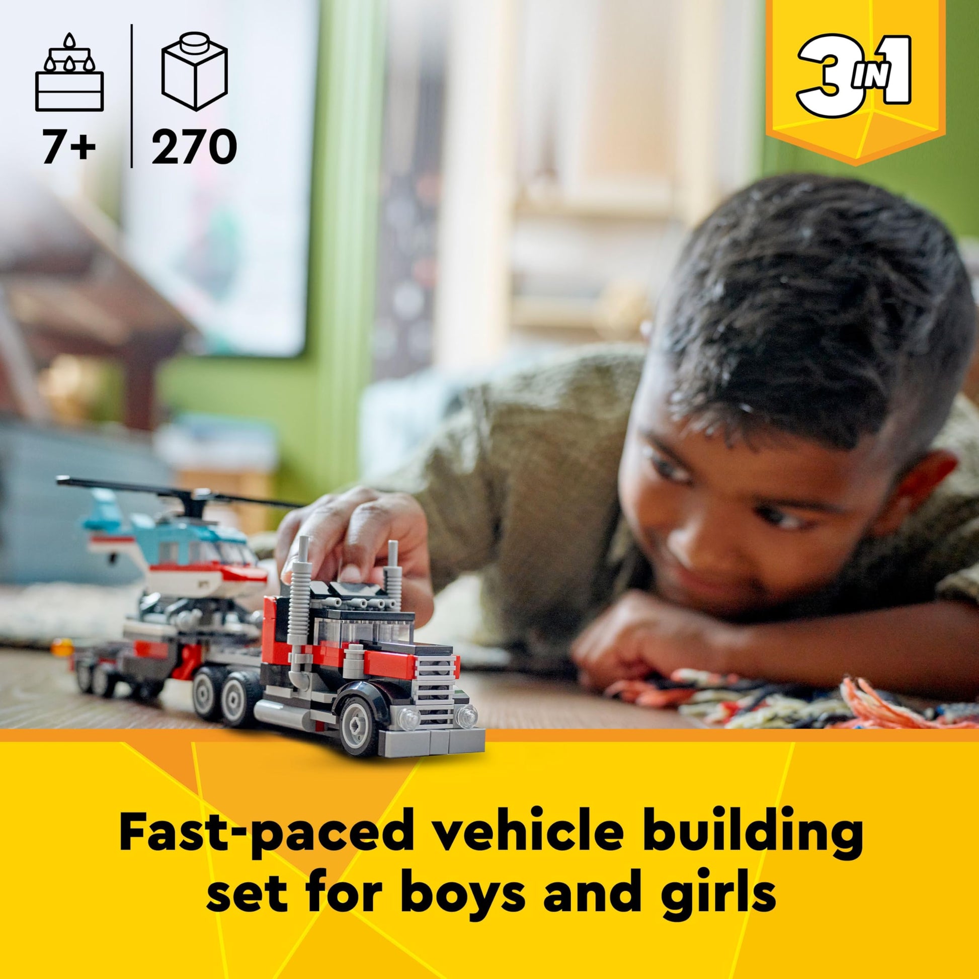 LEGO Creator 3in1 flatbed truck with helicopter and propeller plane, showcasing cool vehicle designs for kids aged 7+.