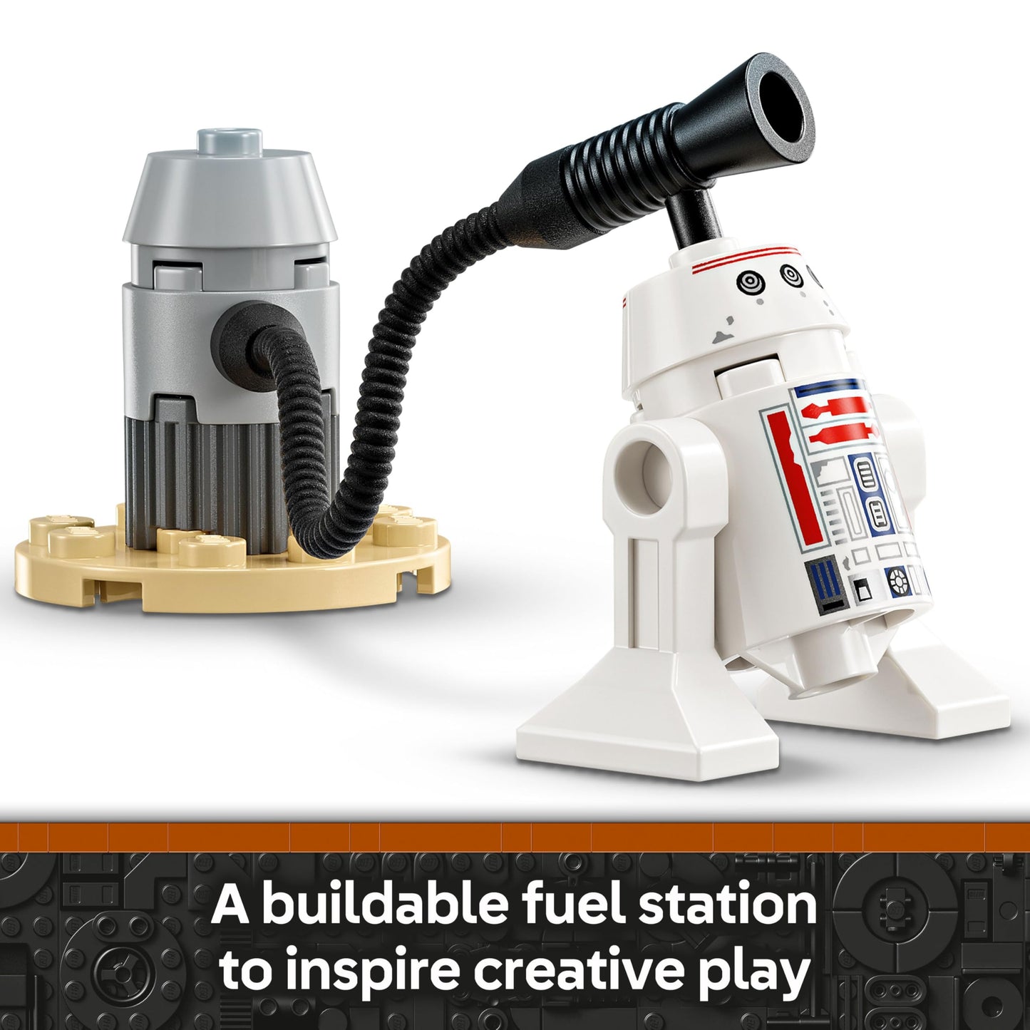 LEGO Star Wars 75410 set featuring Mando, Grogu, R5-D4, N-1 Starfighter, and a brick-built fueling station.
