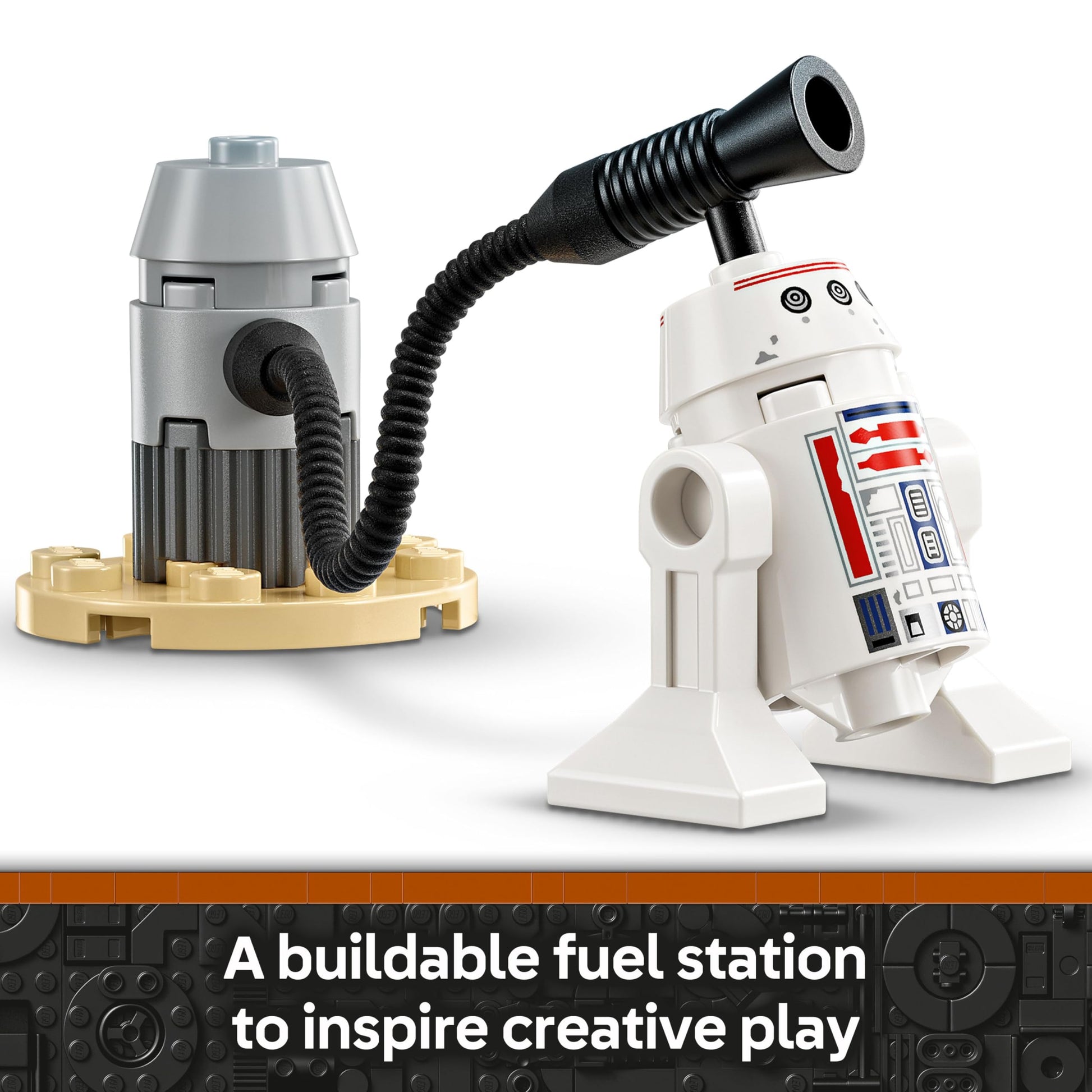 LEGO Star Wars 75410 set featuring Mando, Grogu, R5-D4, N-1 Starfighter, and a brick-built fueling station.