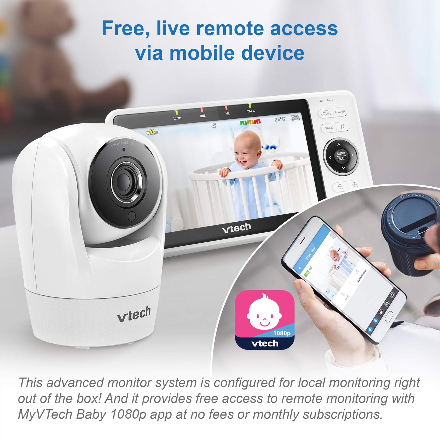 VTech VM901 Wi-Fi baby monitor showing a 5-inch display with remote pan tilt zoom, HD night vision, and built-in wide-angle lens.