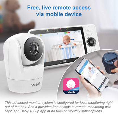 VTech VM901 Wi-Fi baby monitor showing a 5-inch display with remote pan tilt zoom, HD night vision, and built-in wide-angle lens.