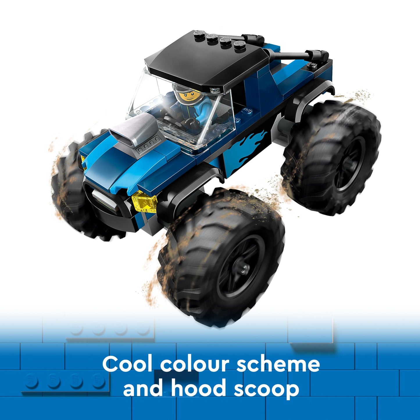 LEGO City blue monster truck toy with driver minifigure, designed for kids aged 5 and up, in an action-packed scene.