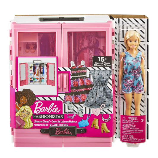 Barbie Fashionistas Ultimate Closet with doll, clothing, accessories, and hangers for imaginative play, ideal for ages 3 to 8.