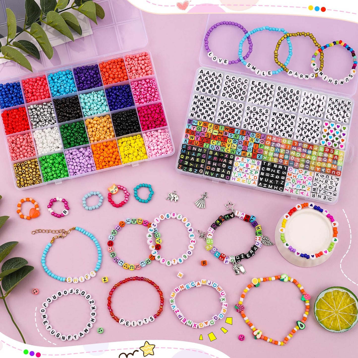 Volance 5500pcs Bracelet Making Kit,4 mm Glass Seed Beads and Letter Alphabet Beads for Friendship Jewelry Making, with Charm and Elastic Strings, Friendship Bracelets Holiday Gifts for Girls Adults