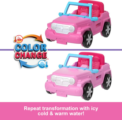 Mini BarbieLand doll set with 1.5-inch Barbie doll, color-change SUV, and tent toy accessory from Barbie.