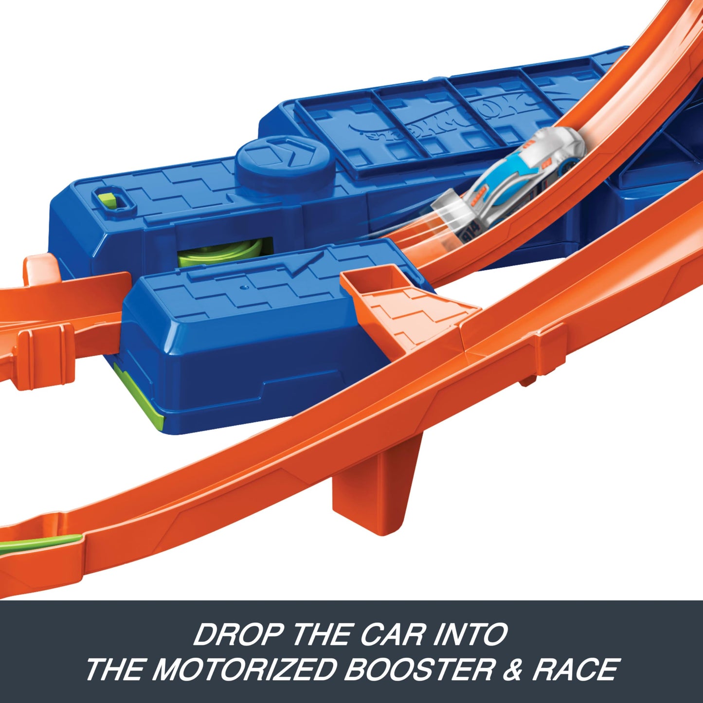 Hot Wheels stunt track set featuring mid-air crash, motorized booster, and 1:64 scale die-cast toy car.