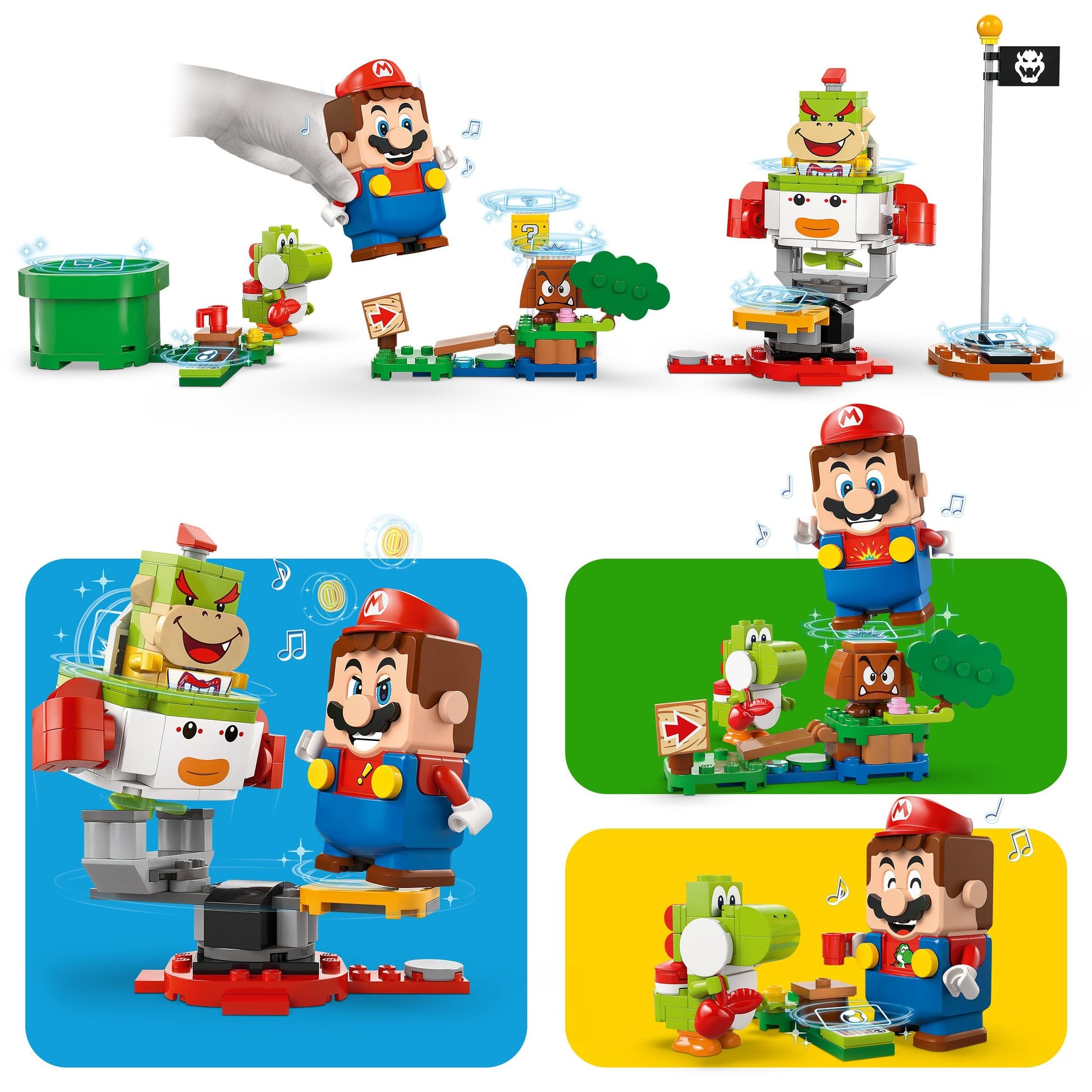 LEGO Super Mario Adventures set featuring interactive Mario, Bowser Jr.'s Clown Car, and Yoshi toy for kids aged 6 and up.