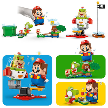 LEGO Super Mario Adventures set featuring interactive Mario, Bowser Jr.'s Clown Car, and Yoshi toy for kids aged 6 and up.
