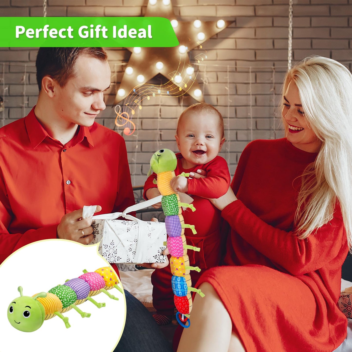 Accevo baby musical multi-sensory caterpillar plush toy with crinkle, rattles, and textures for tummy time and sensory play.