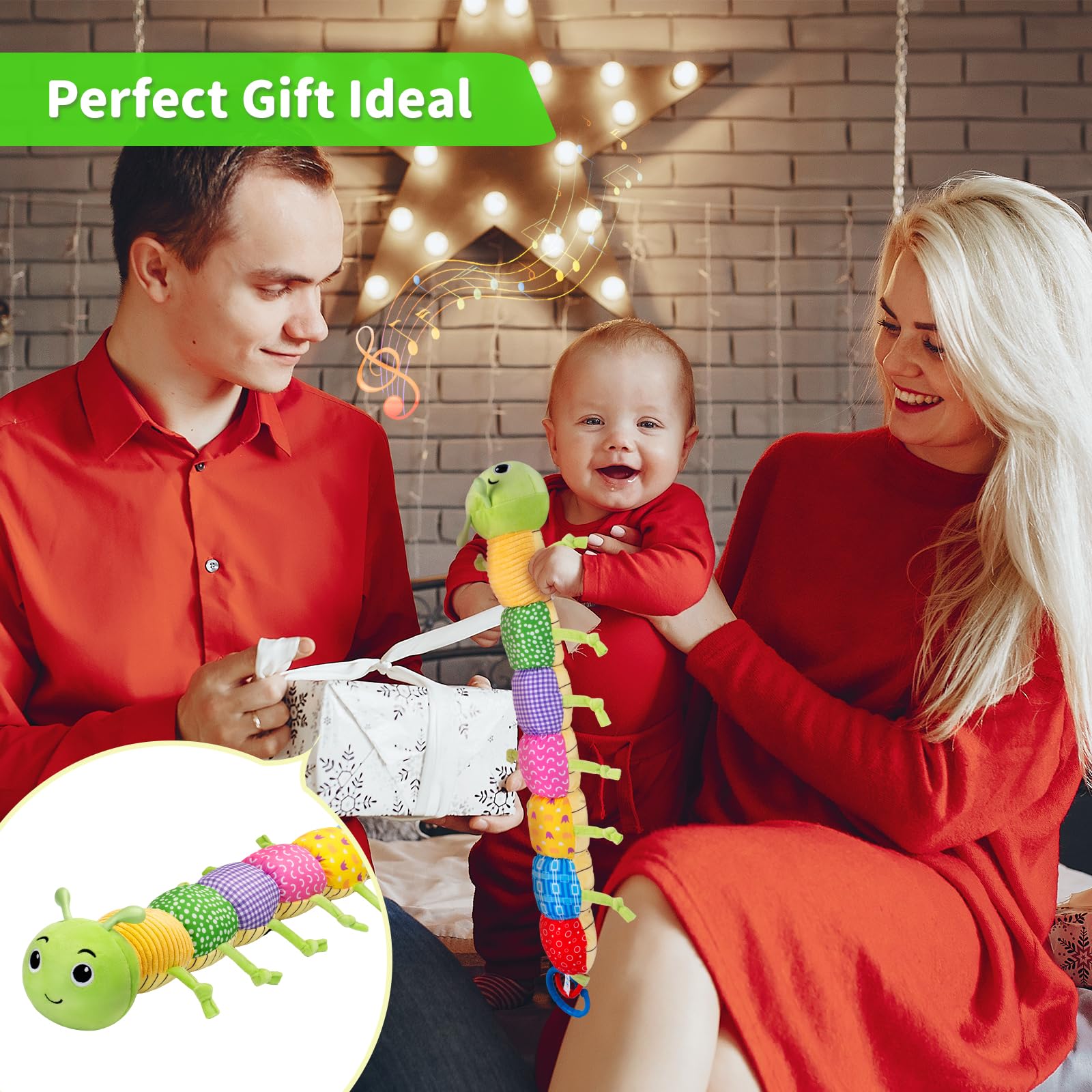 Accevo baby musical multi-sensory caterpillar plush toy with crinkle, rattles, and textures for tummy time and sensory play.