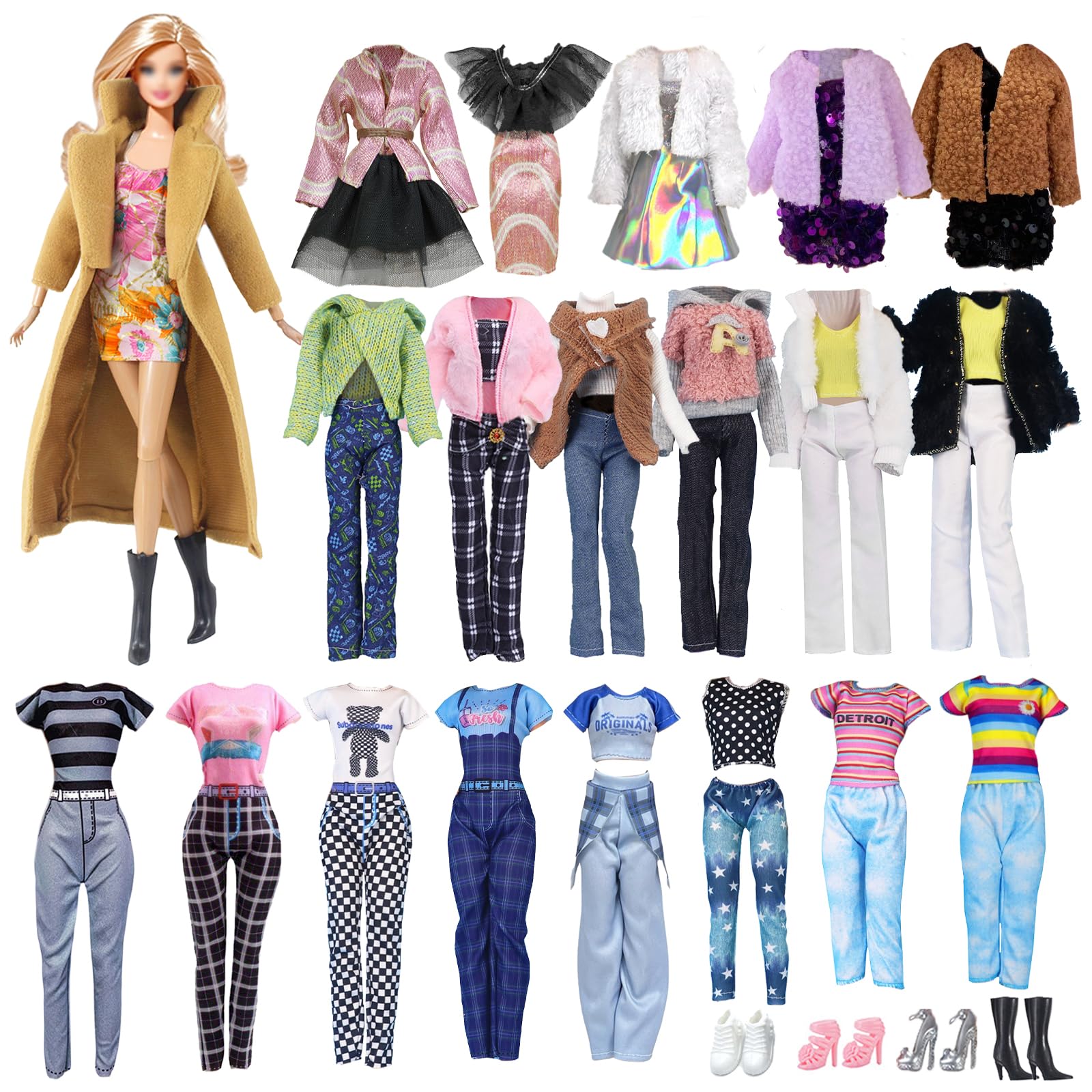 Carreuty 14-piece doll clothes set for 11.5-inch Barbie dolls, includes coats, skirts, jackets, trousers, jumpsuit, shoes in various styles