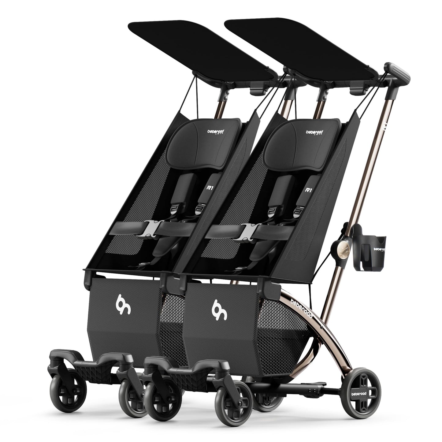 Beberoad R1 Auto-Fold Double Stroller Tandem Pushchair, Ultra Compact Double Pushchair Buggy Pram for Babies Over 6 Months, Side by Side Pram, Can Turn into Two Single Strollers, Only 23.5 lbs, Black