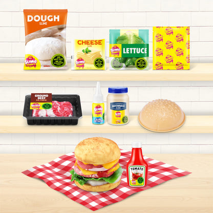 Slime Mart small burger basket with colorful slime for kids, part of slime arts and crafts kit for making burger-shaped slime.
